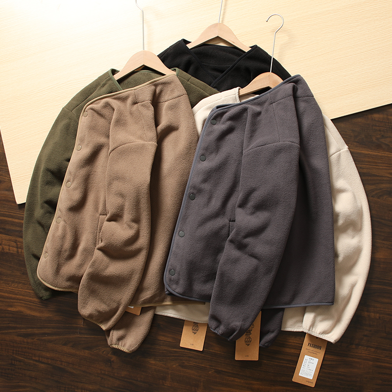 Japanese Style! Double-Sided Fleece Couple's Clothing, Collarless Sweatshirt, Single-Breasted Cardigan, Collarless Fleece Long-Sleeve Jacket for Men Japanese Style! Double-Sided Fleece Couple's Clothing, Collarless Sweatshirt, Single-Breasted Cardigan, Collarless Fleece Long-Sleeve Jacket for Men