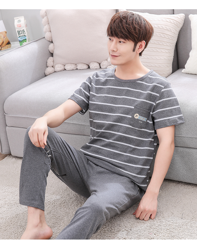 Bộ đồ ngủ nam ngắn tay Quần cotton mặc nhà mùa hè Cotton mỏng Đàn ông kính mắt mùa hè đồ bộ ống rộng