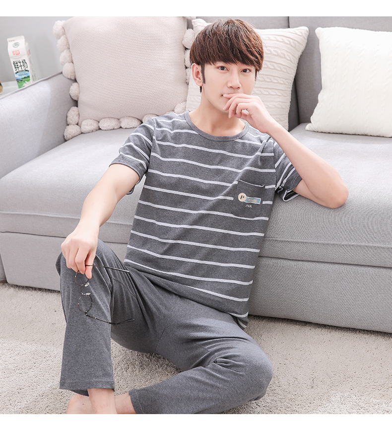 Bộ đồ ngủ nam ngắn tay Quần cotton mặc nhà mùa hè Cotton mỏng Đàn ông kính mắt mùa hè đồ bộ ống rộng