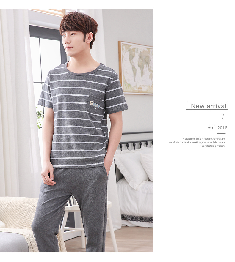 Bộ đồ ngủ nam ngắn tay Quần cotton mặc nhà mùa hè Cotton mỏng Đàn ông kính mắt mùa hè đồ bộ ống rộng
