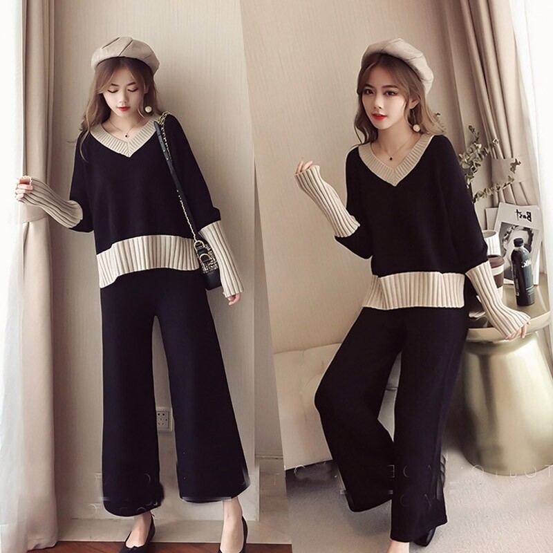 Large size women's clothing fat mm new autumn and winter Western style slimming and age-reducing knitted sweater two-piece suit pants fat sister