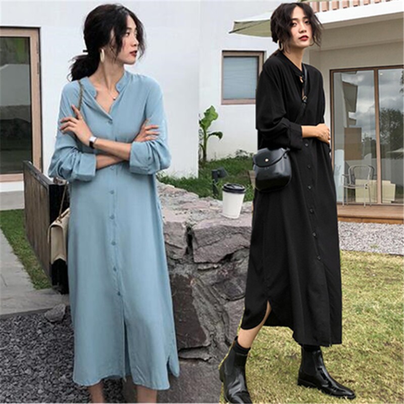 Dress women's autumn 2019 new large size women's mid-length shirt fat mm loose inner shirt to cover the belly and reduce age