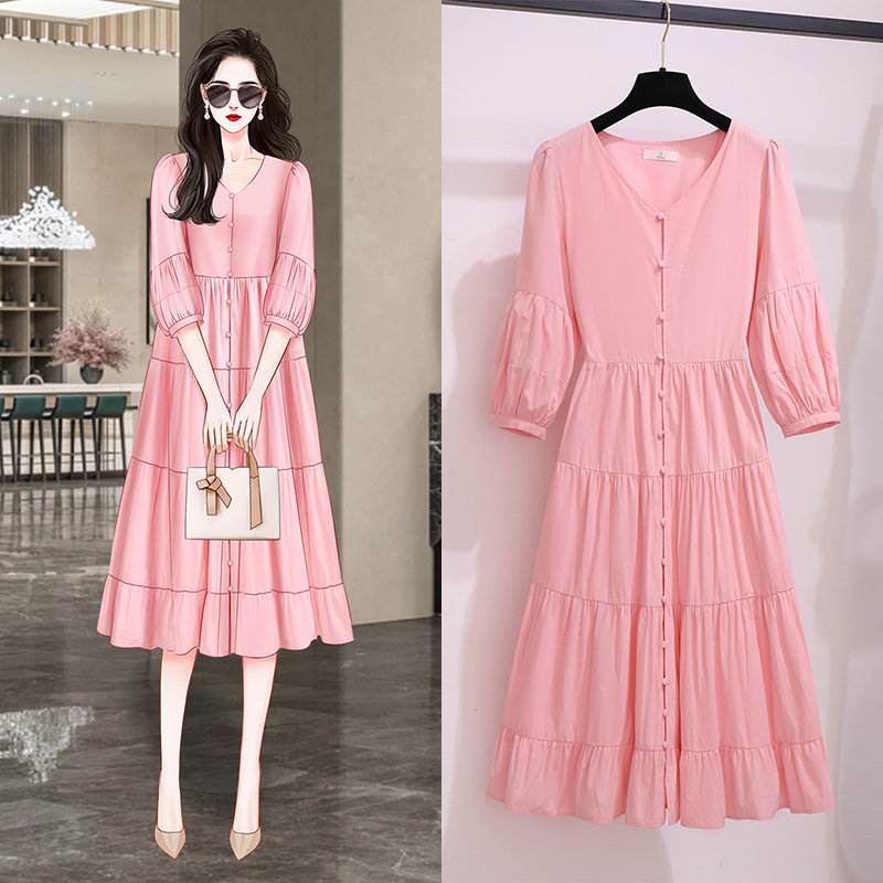 2022 new advanced sensational style pink ocean dress Summer women's slim fit slim and gentle temperament Long dress