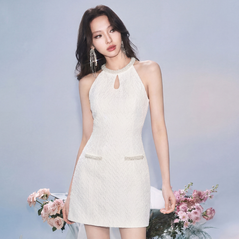 High-End White Halter Neck Dress for Women, 2026 New Summer Short Dress, Elegant Socialite Style, Sleeveless Gown