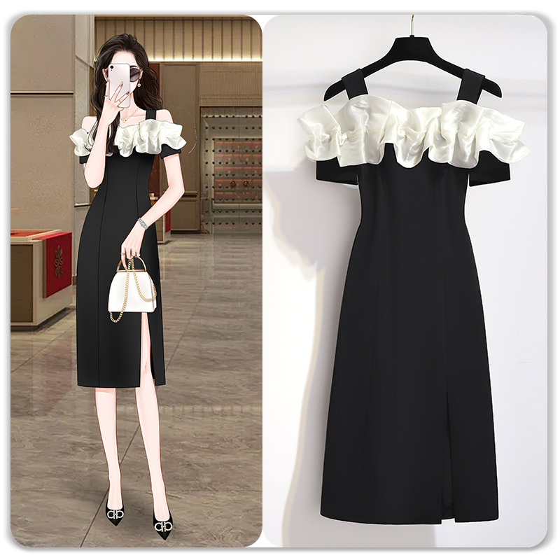 高級フリル付きブラックサスペンダードレス、女性用2025年夏エレガント気質ヘップバーン風スリムドレス