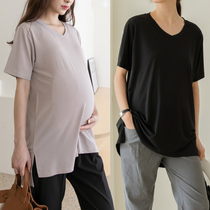 Pregnant woman V collar T short front short back long split modal loose base top 2021 summer new mask T-shirt