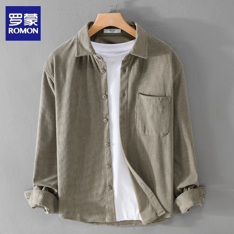 Romon Men's Waffle Long-Sleeve Shirt Japanese Casual Youth Top Spring and Autumn Solid Color Versatile Shirt Jacket