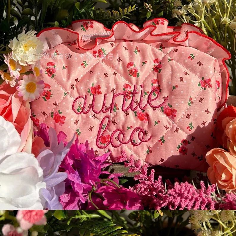 Etsy Personalized Embroidered Floral Bag with Ruffled Edges for Girls, Skincare Storage Bag, Cute Makeup Bag, Portable Toiletry Bag