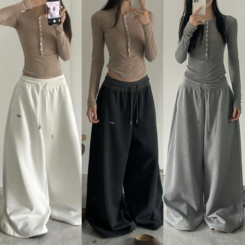 Strawberry Bear Classmate American-Style Elastic Ribbed Waist Casual Sweatpants Loose Jogger Drawstring Floor-Length Pants Heavyweight