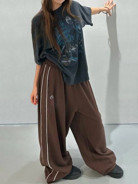 Strawberry Bear American Street Dance Double-Bar Basic Brown Jogger Parachute Loose Trendy Brand Sports Casual Pants
