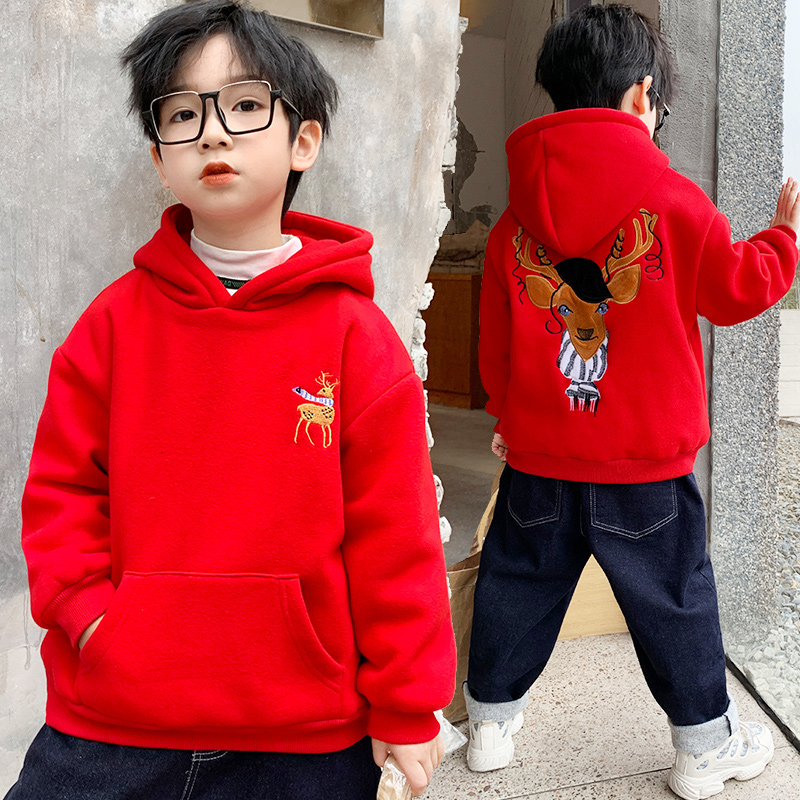 Boys' sweatshirt plus velvet thickened autumn and winter mid-child 2022 new children's Christmas shirt tide New Year dress one fleece