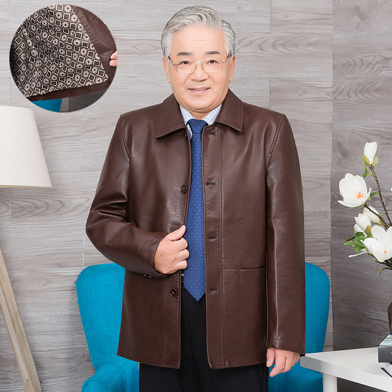 Da 2019 mùa thu ăn mặc Dad Dressmiddle niên Man Trung niên Leather Jacket Jacket Flip-cổ mỏng bông bông của Cha