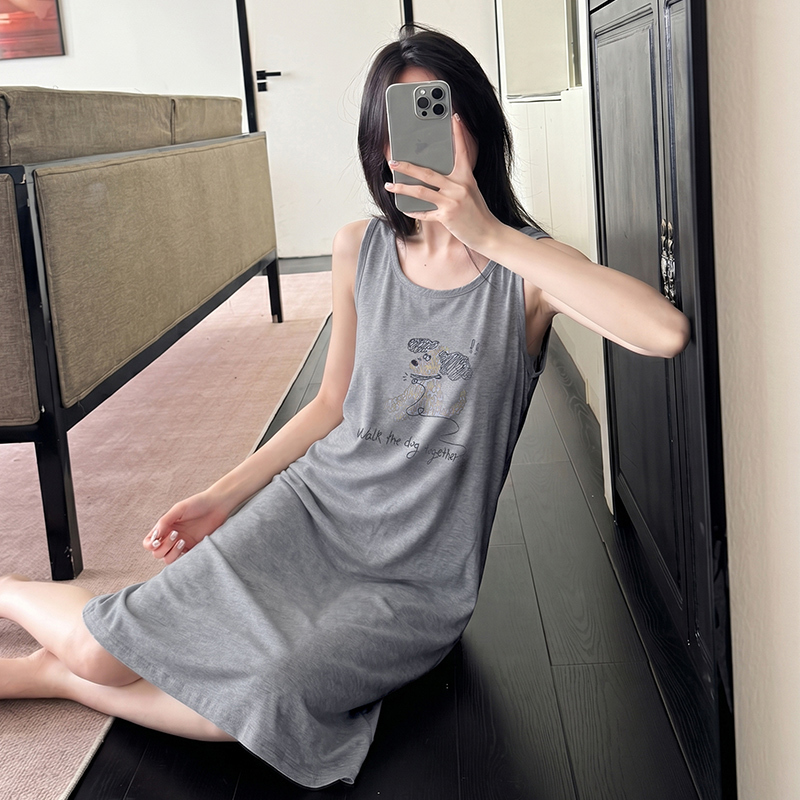 Pure Cotton Nightgown for Women 2026 Summer Trendy Gray Cartoon Cotton Tank Top Home Wear Pajamas Summer