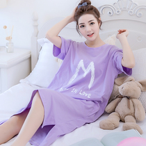 Night dress womens summer pure cotton short-sleeved Korean version fresh student cotton cute loose pregnant women can wear summer pajamas outside