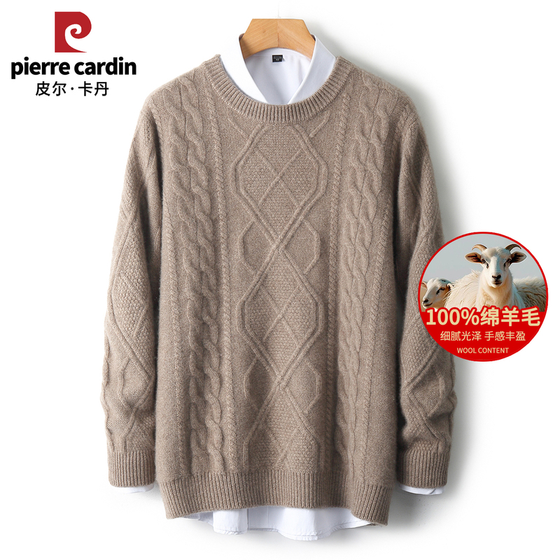 Pierre Cardin Men's Sweater New Arrival for Winter 100% Pure Wool Round Neck Thickened Warm Elegant and Exquisite Knitwear
