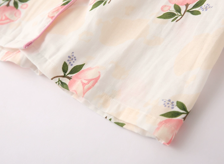 Mùa xuân và mùa thu vải cotton mỏng hai lớp gạc Nhật Bản phụ nữ thanh lịch dài tay phù hợp với bộ đồ ngủ cotton ve áo dịch vụ tại nhà - Bên ngoài ăn mặc