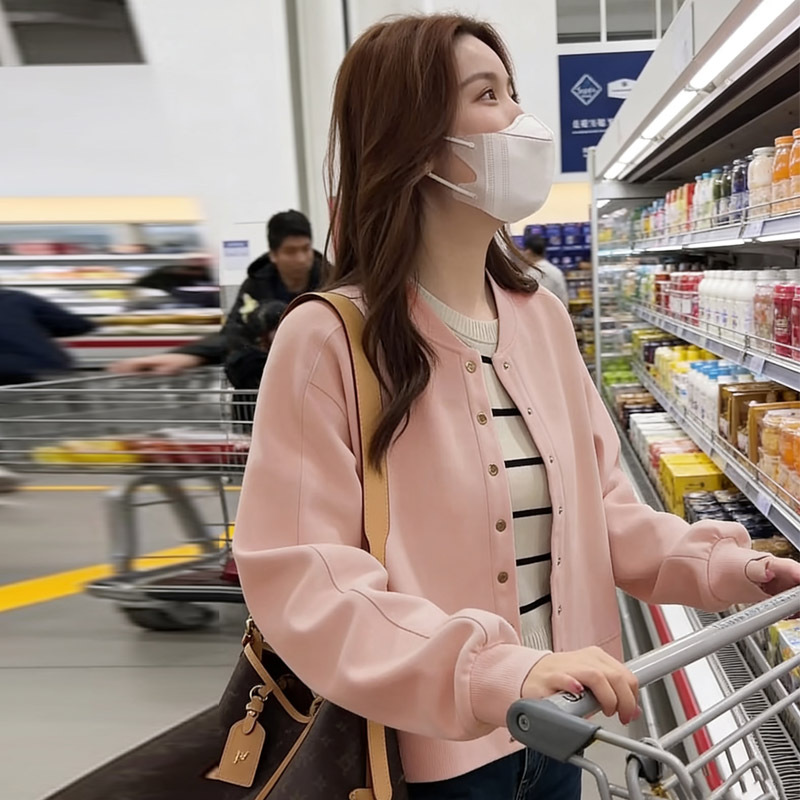 Pink Round-Neck Sweatshirt Cardigan Jacket for Women 2026 New Style Petite Slightly Loose Baseball Jacket Short Top Pink Round-Neck Sweatshirt Cardigan Jacket for Women 2026 New Style Petite Slightly Loose Baseball Jacket Short Top