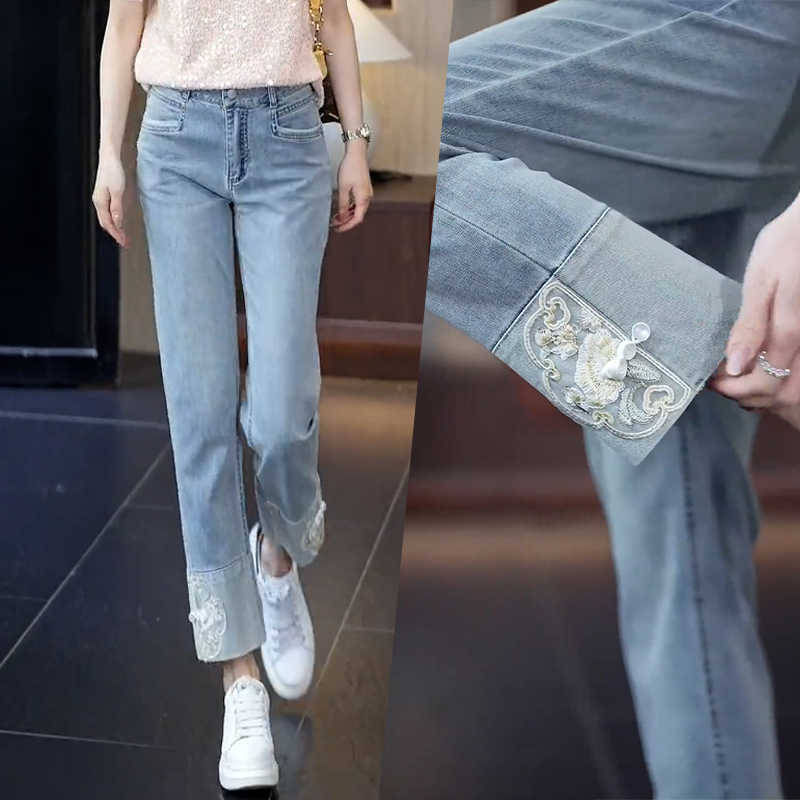 New Chinese-Style Straight-Leg Jeans for Women, Spring/Summer 2026, This Year's Popular Hot-Selling Pants, Nine-Point Length, Chinese-Style Embroidered Cigarette Pants