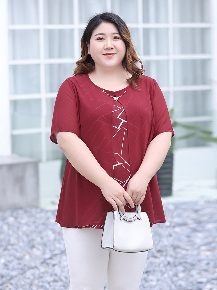 MOMS SUMMER DRESS FAKE TWO SHIRTS FEMALE FAT MM NEW T-SHIRT FAT PLUS SIZE LOOSE BELLY COVERING CHIFFON SHIRT 200 POUNDS