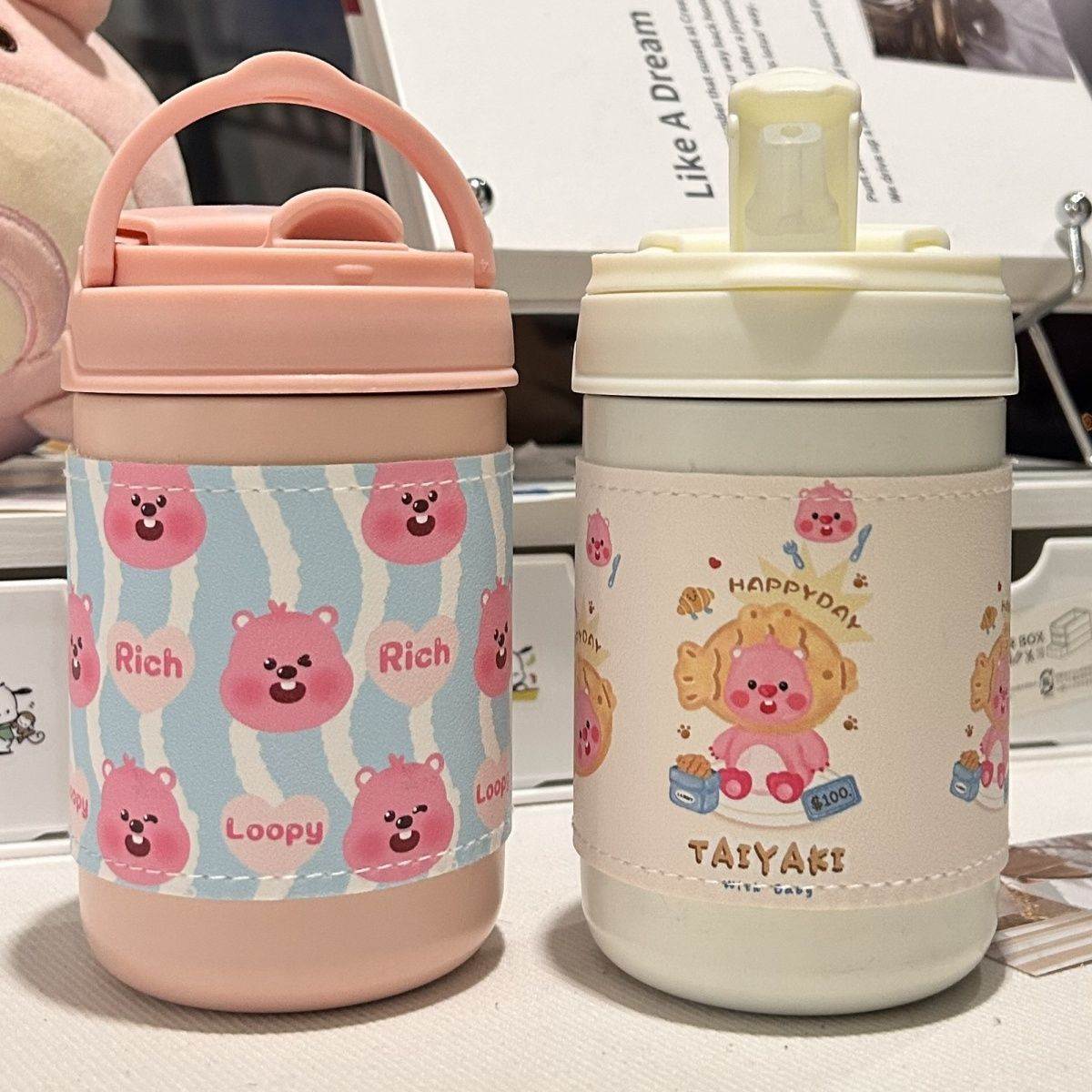 loopy water cup with handle insulated cup simple cartoon straw cup teenage girl cute fish head beaver-Taobao