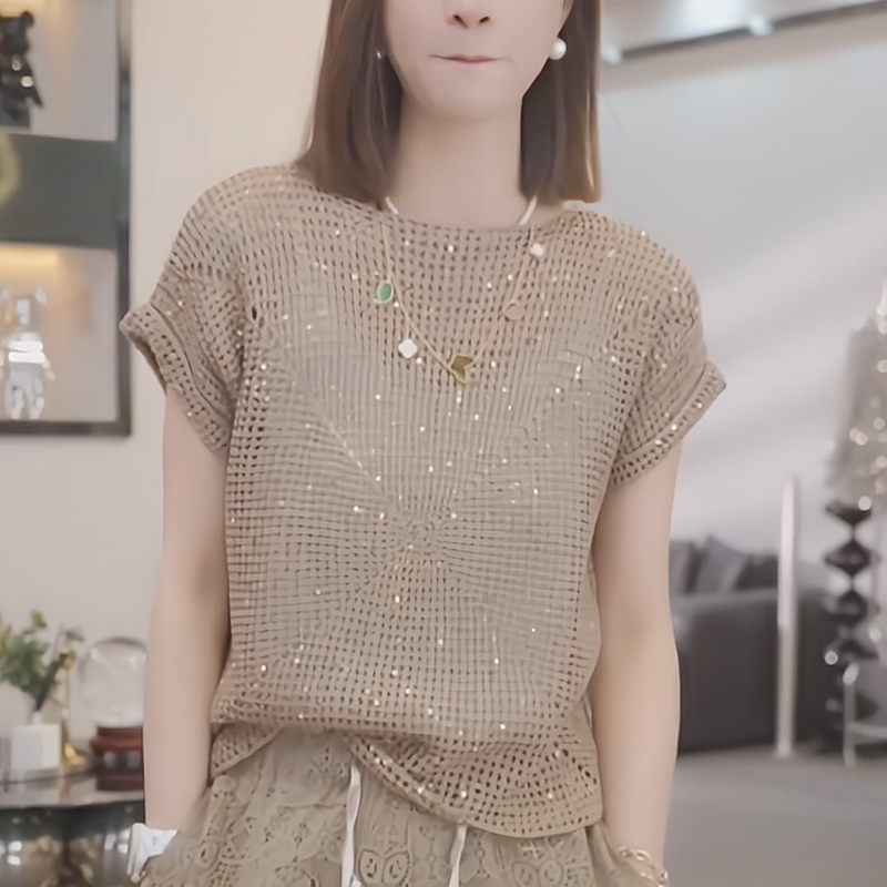 Sequined Design, Lazy Style, Comfortable Hollow-Out Knit Sweater, 2025 Summer Pullover, Simple Blouse, Solid Color Top for Women