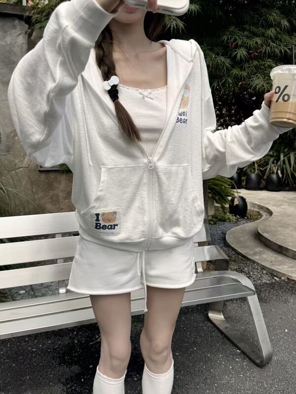 Twoi Blue and White Checkered Bear Head Hooded Loose Semi-Sheer Zip-Up Cardigan Women's Sun Protection Jacket Ina Trend