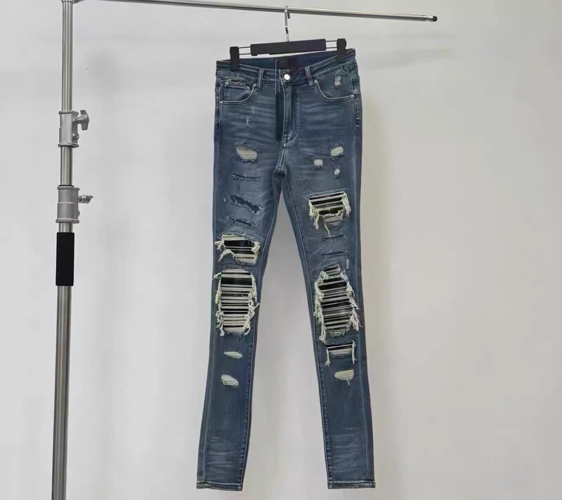 【Limited Edition】Light Rain Blue Patchwork Skinny Ripped Patch Fashion Jeans High Street Style