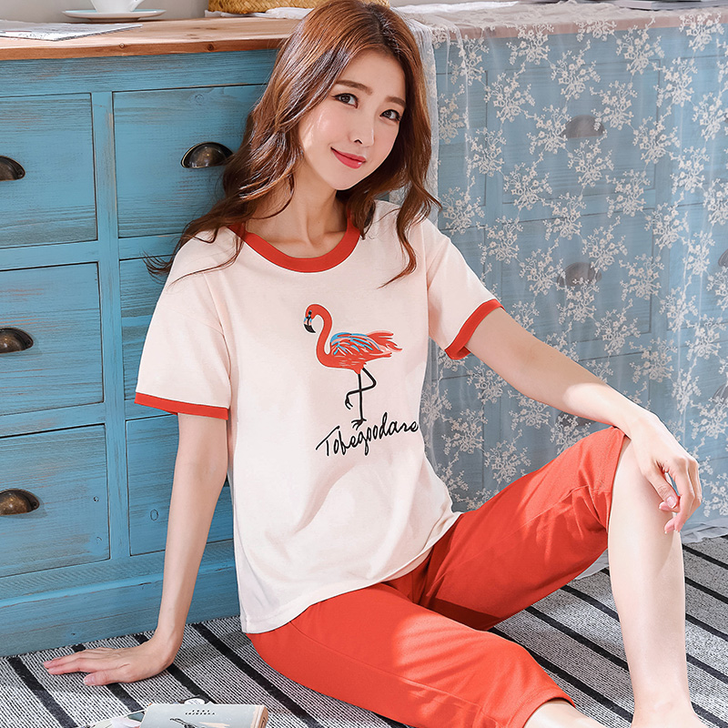 Mùa hè thanh thiếu niên pajama cô gái ngắn tay quần bảy điểm có thể mặc bên ngoài cơ sở học sinh trung học mùa hè váy bộ hai mảnh.