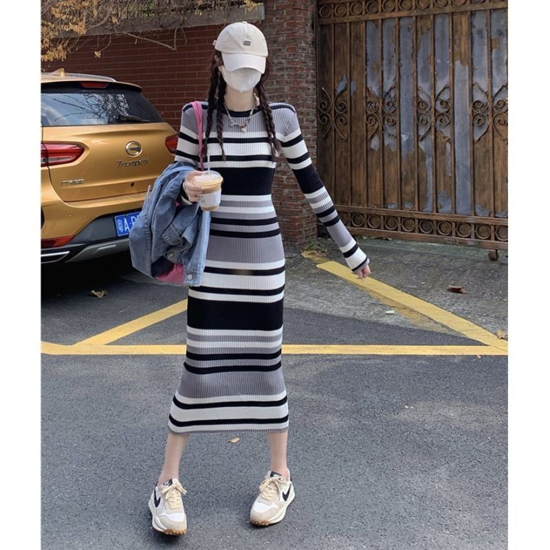 2024 Autumn/Winter New Round Neck Striped Knit Dress Mid-Length Over-The-Knee Sweater Base Dress Lazy Style