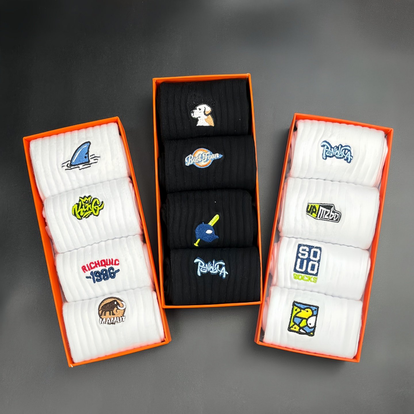 Men's Pure Cotton Winter Thickened Mid-Calf Socks Black and White ins Trendy Socks Embroidered Youth Boys' Sports Basketball Socks