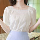 White Shirt for Women, Short-Sleeved, 2024 Summer New Lace Top, Super Fairy-Like, Stylish and Sweet, Square Neck, Puff Sleeve Blouse