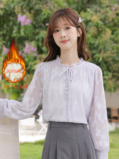 Top de gasa con lazo para mujer, camisa de manga larga Súper Hada 2025, camisa de hongo para principios de otoño, camisa con capas interiores de estilo occidental