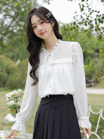 Camisa de gasa con lazo blanco para mujer, Súper Hada de manga larga, camisa nueva de principios de otoño, top reductor de edad a la moda, 2025