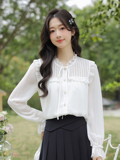 Camisa de gasa con lazo blanco para mujer, Súper Hada de manga larga, camisa nueva de principios de otoño, top reductor de edad a la moda, 2025