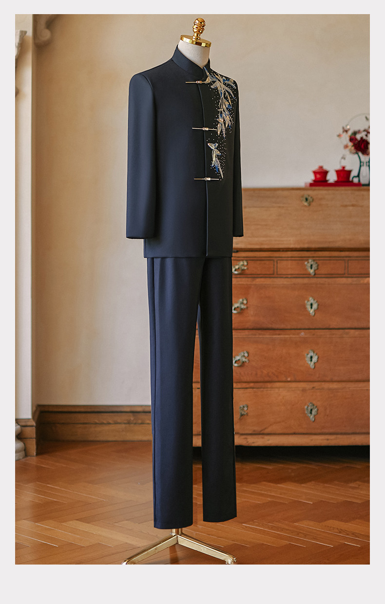 2025 new chinese style men's wedding suit: black embroidered bamboo leaf & rhinestone zhongshan suit, the perfect choice for the groom! 2025 new chinese style men's wedding suit: black embroidered bamboo leaf & rhinestone zhongshan suit, the perfect choice for the groom!