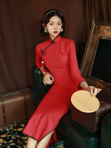 Red cheongsam 2020 new elegant long retro modified version daily can wear long sleeve toast dress