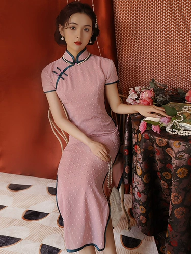 Розовое летнее ципао, легкое элитное ретро элегантное длинное платье, светлый стиль