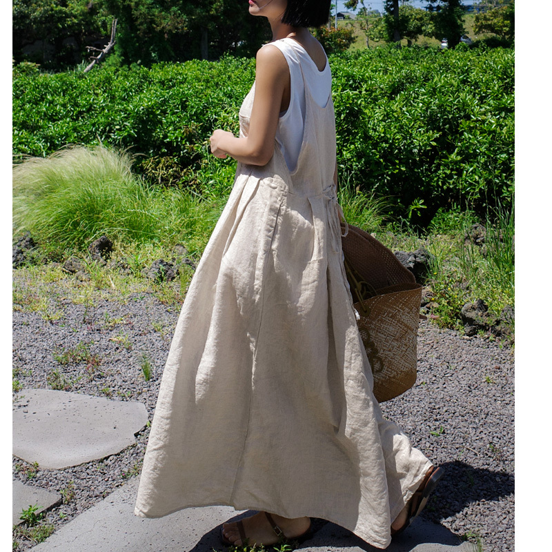 French-Style Cotton and Linen Camisole Dress for Women, Loose Casual Sleeveless Tie-Up Large Hem Tank Dress, Summer Linen Long Dress