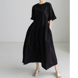ເສື້ອຍືດສີດຳເຂັ້ມສຳລັບຜູ້ຍິງແບບເກົາຫຼີ ຍາວກາງຫົວເຂົ່າສະໝໍ່າສະເໝີ ສິ້ນກະໂປງ A-line summer new lace-up long skirt