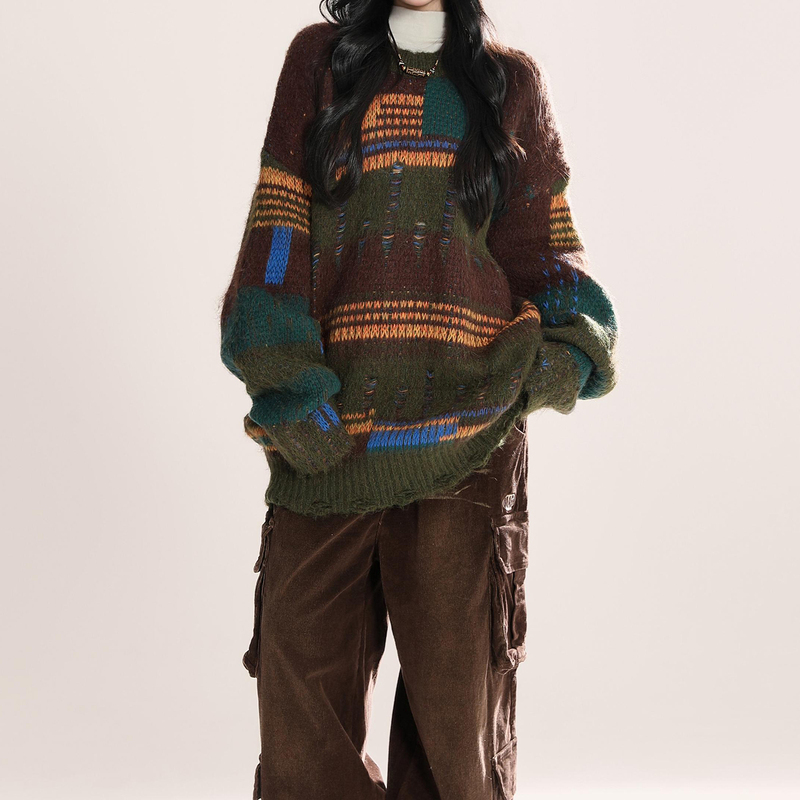 2025 Early Autumn New Round Neck Patchwork Design Mohair Sweater for Women, Vintage Loose Lazy Style Knitwear Trend 2025 Early Autumn New Round Neck Patchwork Design Mohair Sweater for Women, Vintage Loose Lazy Style Knitwear Trend