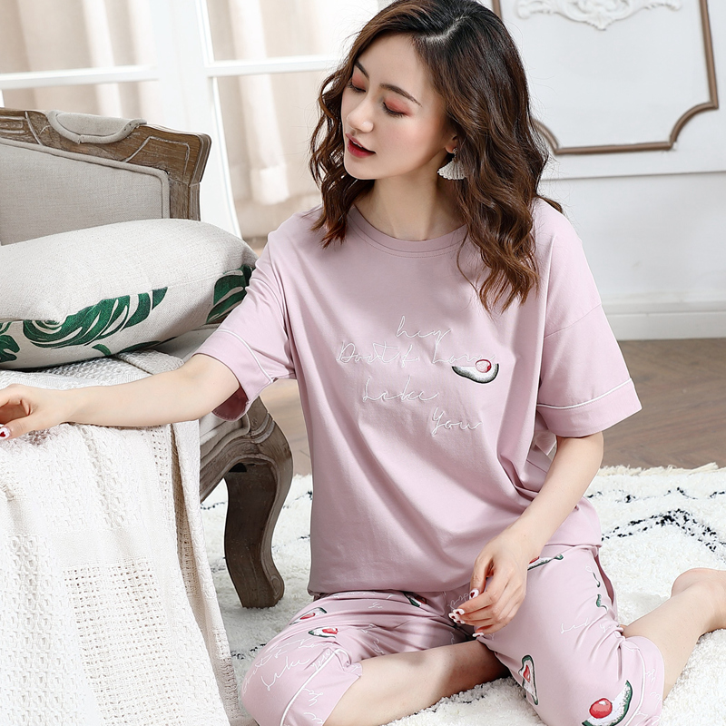 Whina Pose Sleepwear Lady Summer Pure Cotton Short Sleeve Seven-minute Pants Suit Thin summer Leisure can be worn outside the home dress