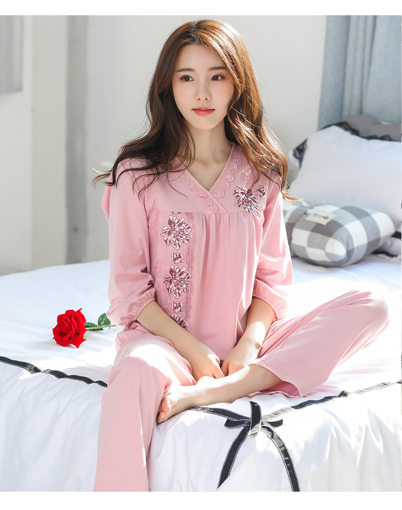 Hui Nazi Mùa Xuân và Mùa Thu Nữ Mùa Hè V-Cổ Ren Bông Đồ Ngủ Mượt Mát Cotton Đơn Giản Thanh Lịch Mỏng Dịch Vụ Nhà