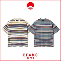 (Spot) BEAMS 22SS Day Ensemble Retro Collider Color Striped Pure Cotton City boy loose short sleeve T-shirt