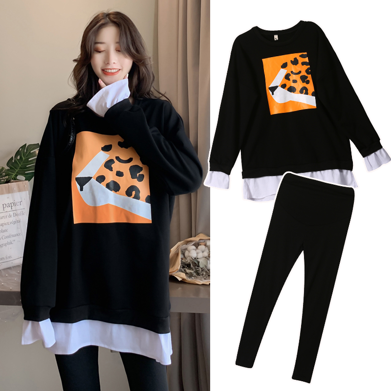 Pregnant women's autumn clothing suit 2021 Fashion new foreign dress splicing medium long version of blouses for relaxation out of the boomers