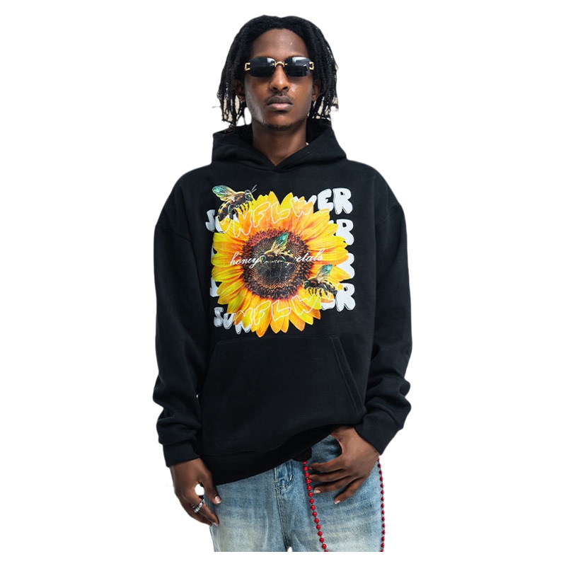 Sunflower American-Style Sunflower Print Fleece-Lined Autumn and Winter Hooded Sweatshirt Trendy Brand Loose Hoodie