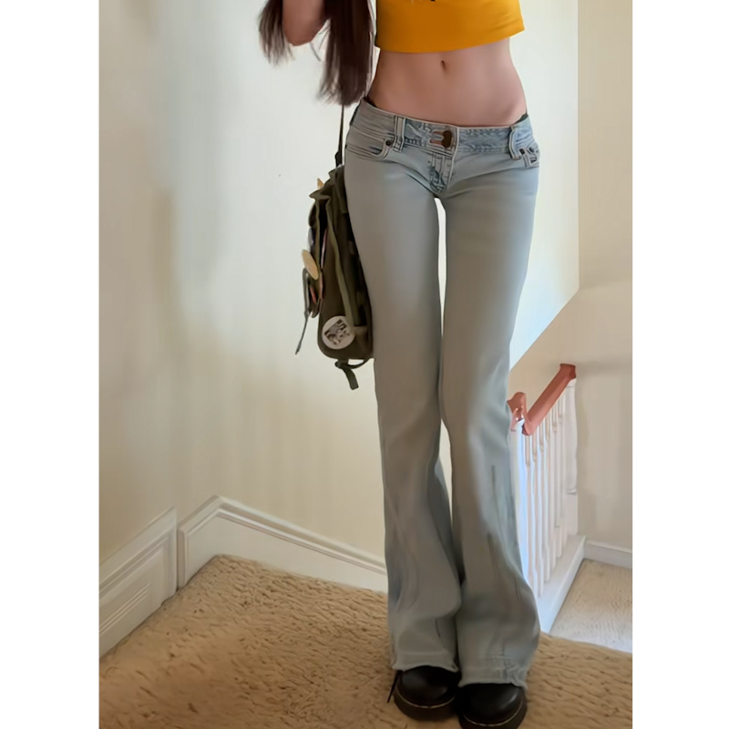 Korean Style Hot Girl Light Blue Low-Waist Design Jeans for Women, Slim Fit, Slimming, Elegant Flared Jeans