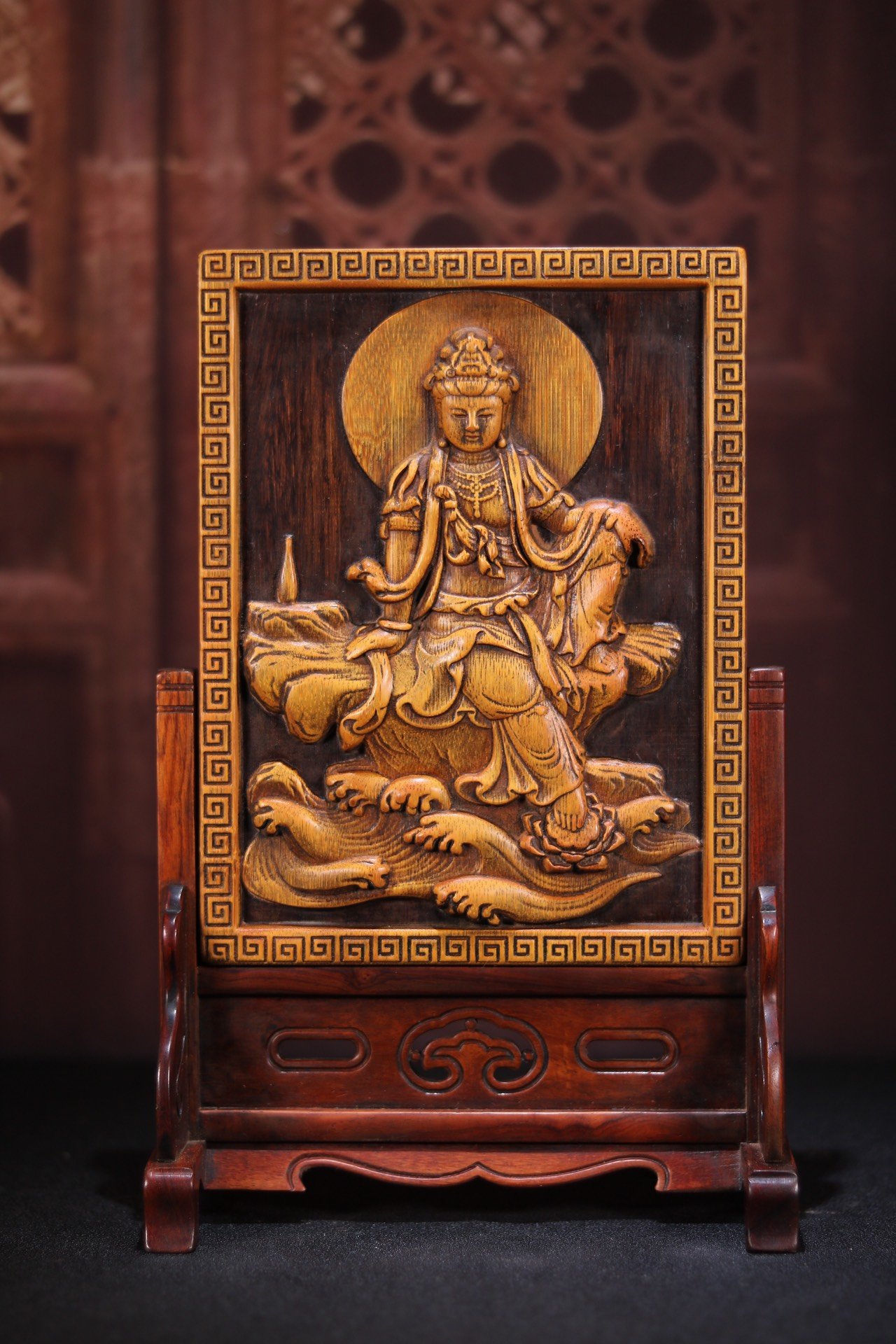 Ancient Play Miscellaneous Collection Wooden Ware Collection of Treasured Pear Wood Sticker Bamboo Spring Guanyin Bodhisattva Screen