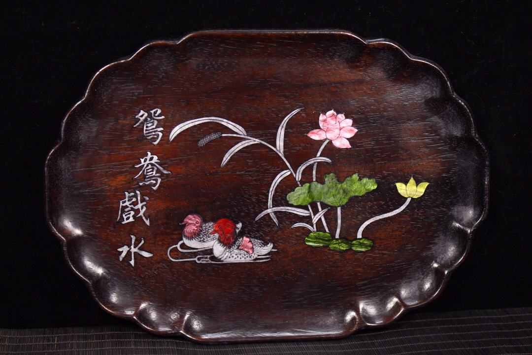 Ancient Play Miscellaneous Collection Wooden Ware Collection Treasured Little Leaf Purple Sandalwood Inlaid Shells Mandarin Duck water plate Tea tray