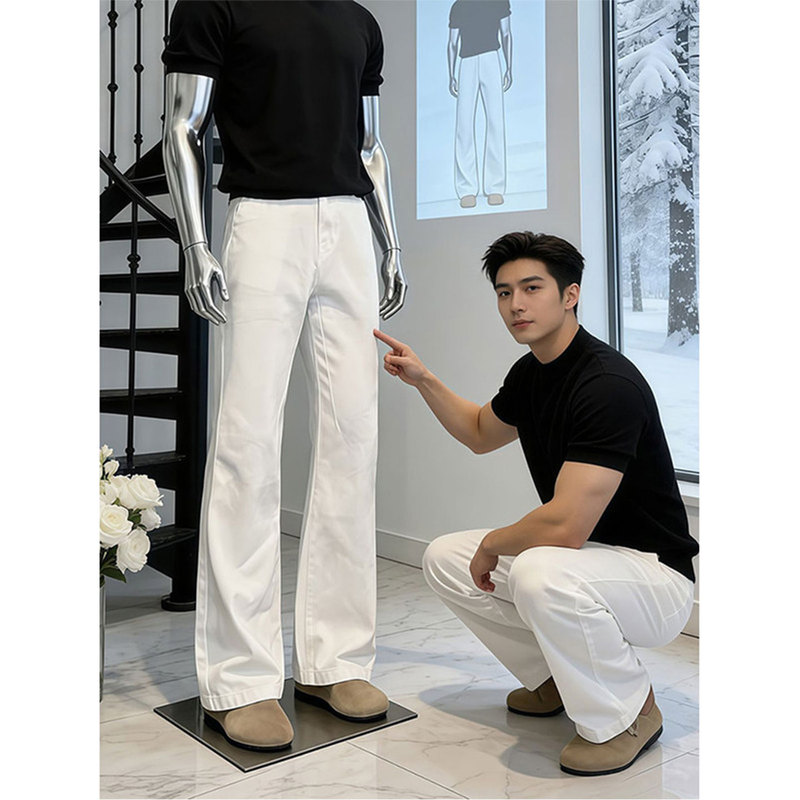 American-Style Vibe White Curved Jeans for Men, Summer Thin Slim-Fit Flared Pants, Versatile Narrow Straight-Leg Pants