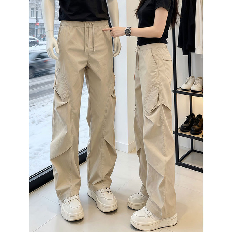 Khaki American-Style Quick-Dry Tactical Pants for Men, Summer Thin Pleated Paratrooper Cargo Pants, Straight-Leg Sports Casual Pants